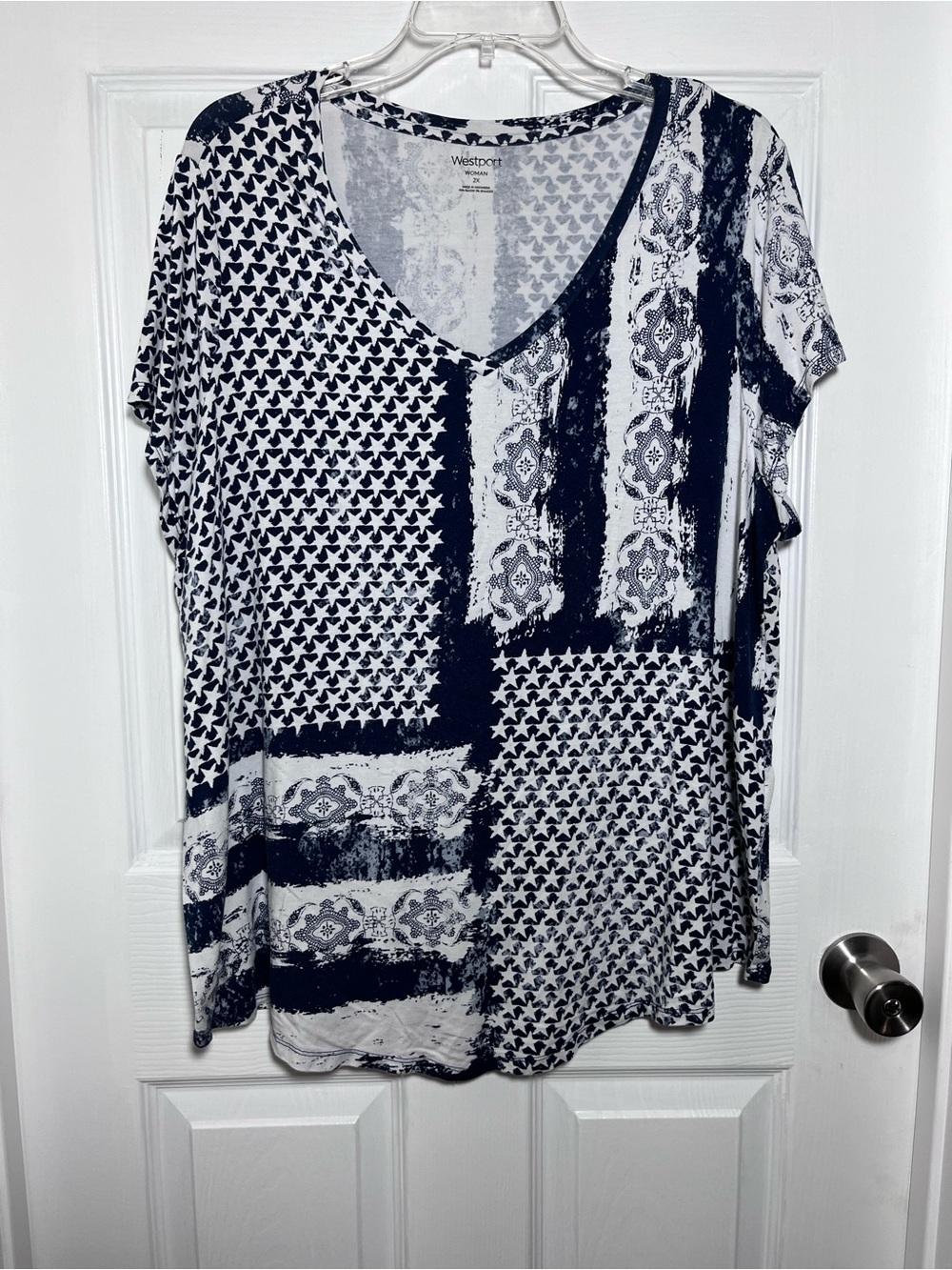Westport Navy and White Patchwork V‑Neck Short Sleeve Top